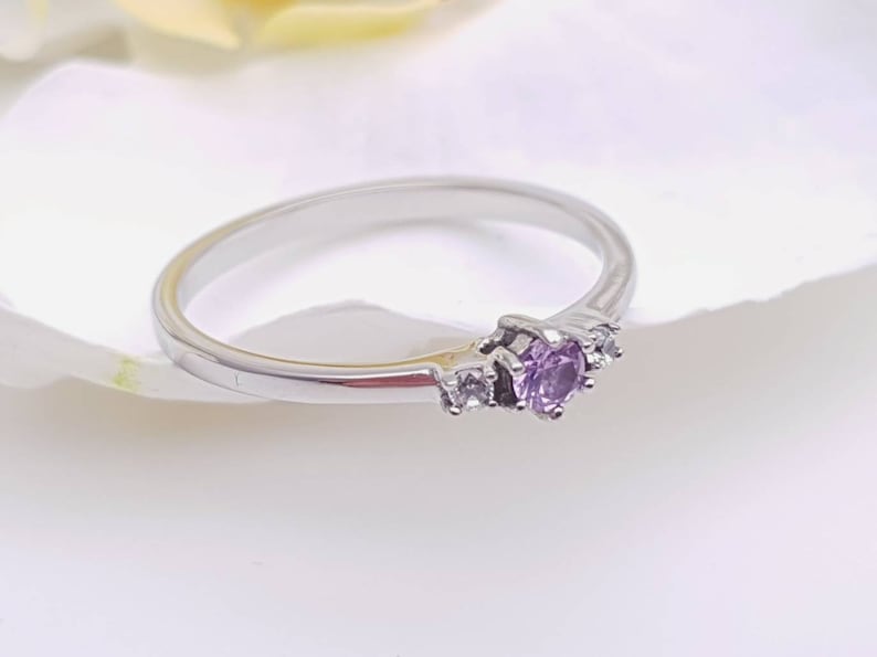 Alexandrite and White Sapphire 3 stone Trilogy Ring in White Gold or Titanium engagement ring handmade ring image 3