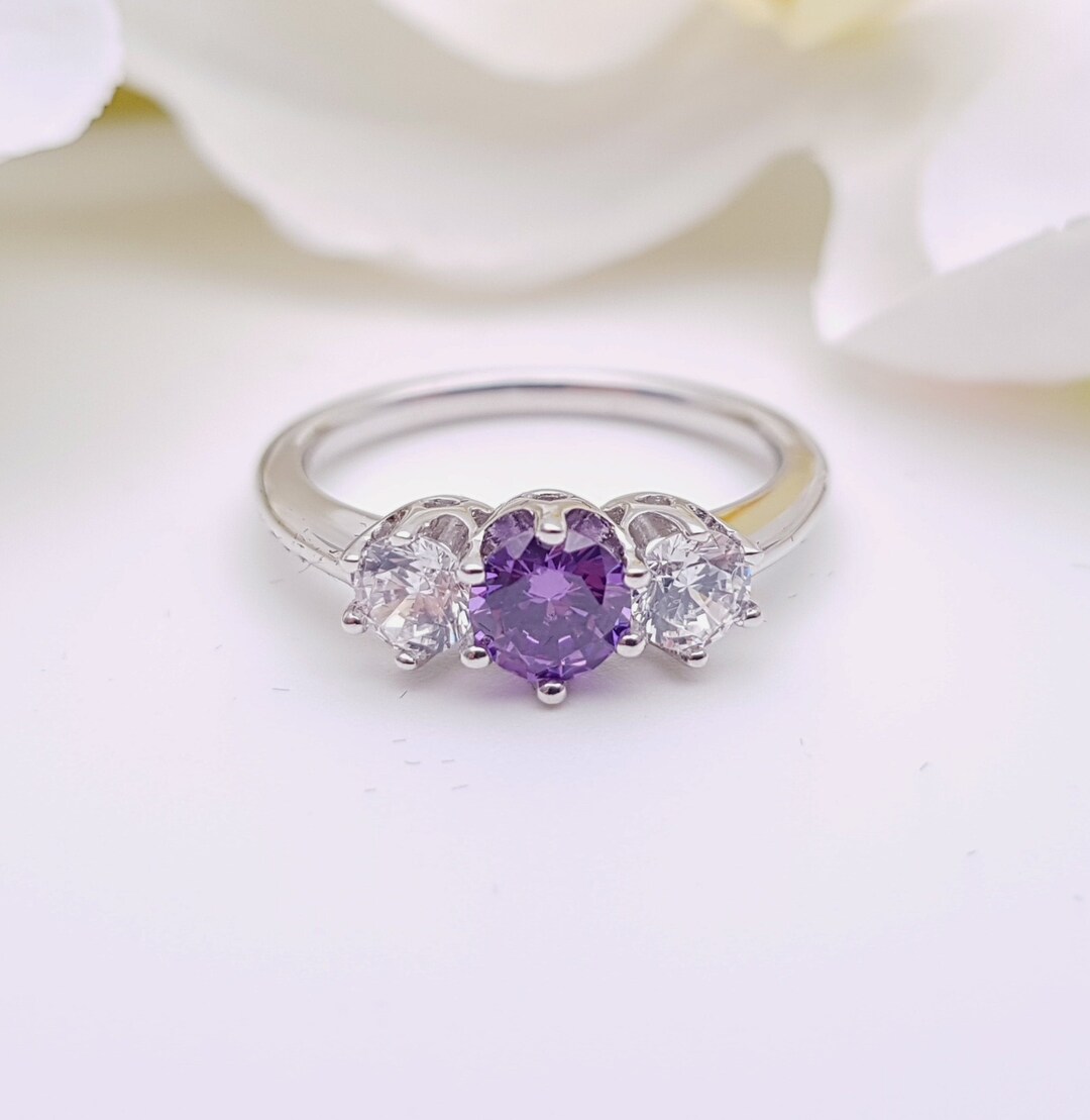 Amethyst Solid Gold Trilogy Ring With Man Made Diamonds Ring
