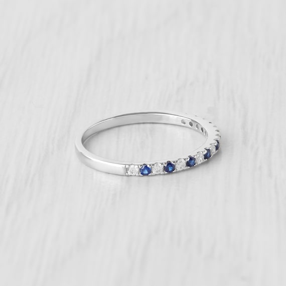 1.8mm wide Lab Blue White Sapphire Half Eternity ring in titanium white gold or Silver stacking ring wedding band