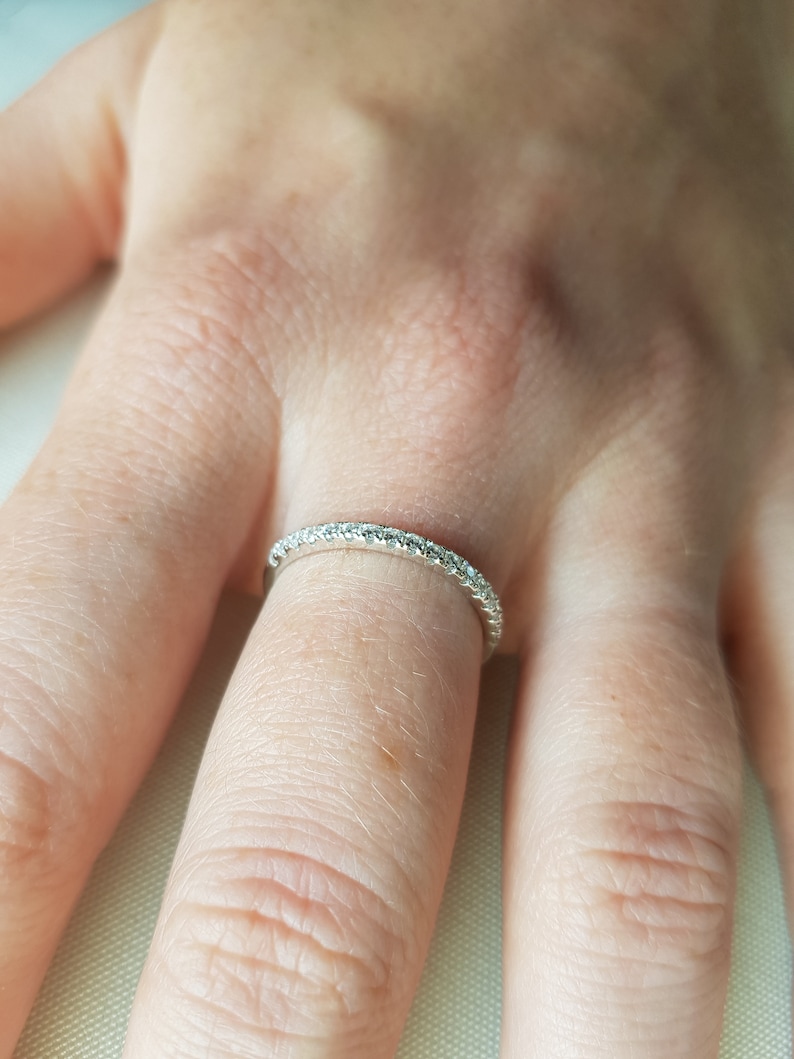 stacking ring wedding band handmade engagement ring 1.8mm wide Man Made Diamond Simulant Half Eternity ring in white gold or Silver