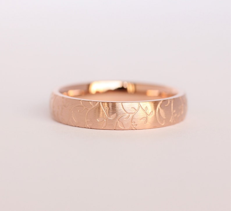 4mm wide 18K Rose Gold and Brushed Titanium with engraved detail Wedding ring band for men and women image 1