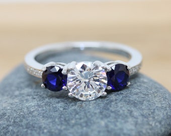 Blue Sapphire and Moissanite Trilogy 3 stone Ring - available in white gold or sterling silver - engagement ring