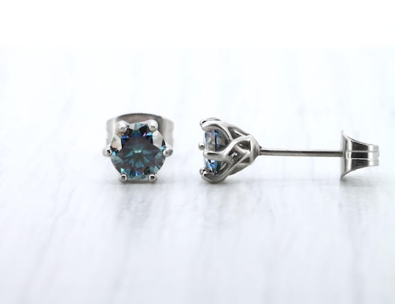 4,5,6mm GENUINE Turquoise Moissanite Stud Earrings, Available in