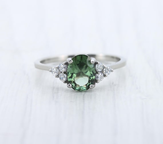 Natural Green sapphire & moissanite Oval engagement Ring in White Gold or Titanium  - engagement ring - handmade ring