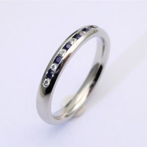 Lab blue & White sapphire 3mm Wide HALF Eternity ring / stacking ring in white gold or titanium - Wedding Band - Engagement ring