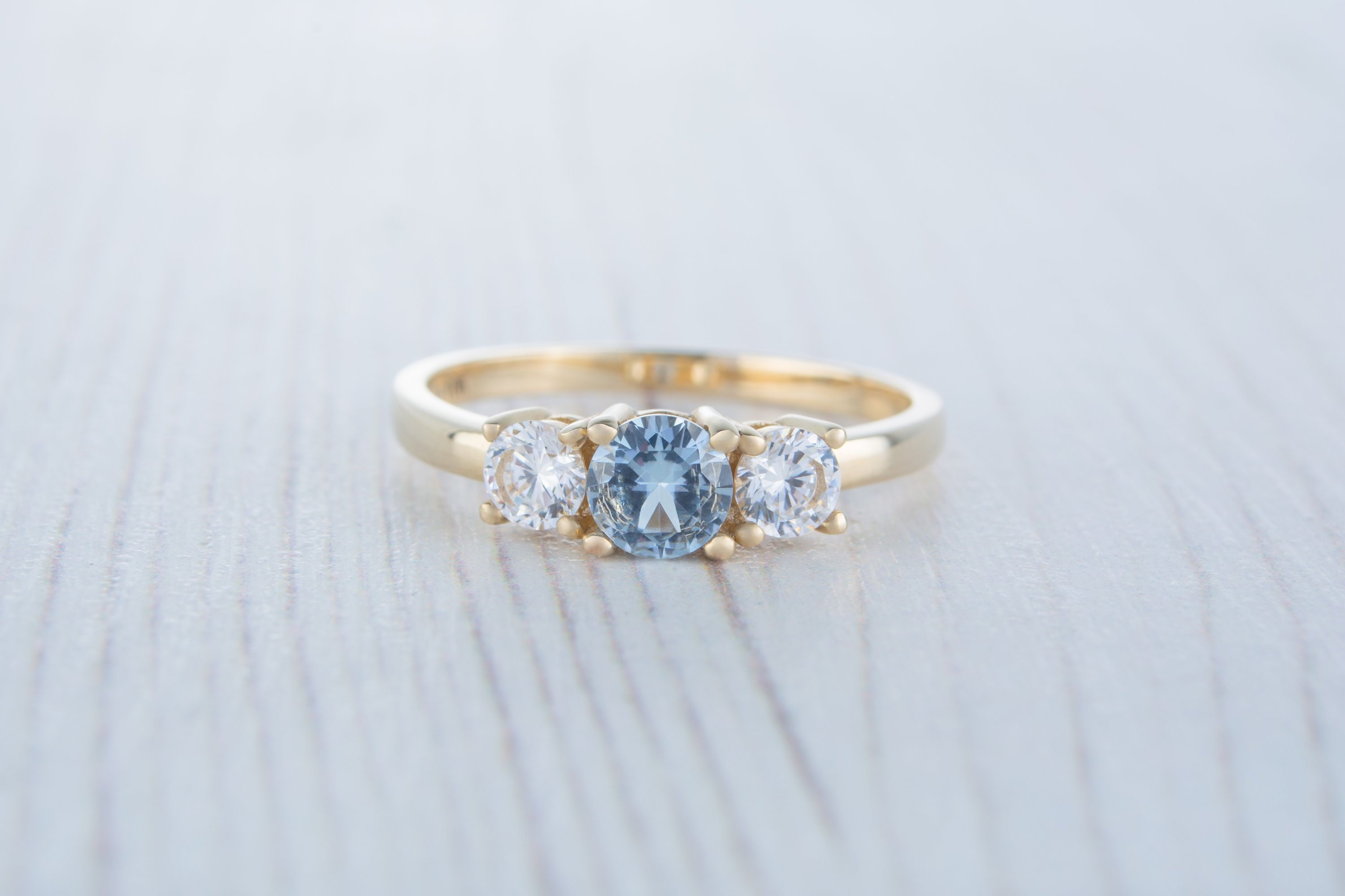 Aquamarine Solid Gold Trilogy Ring With Moissanites Available in