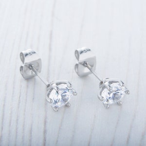 Man Made Diamond Simulant stud earrings, available in titanium, white gold and surgical steel 4mm, 5mm or 6mm sizes image 2