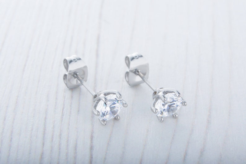 Man Made Diamond Simulant stud earrings, available in titanium, white gold and surgical steel 4mm, 5mm or 6mm sizes image 2