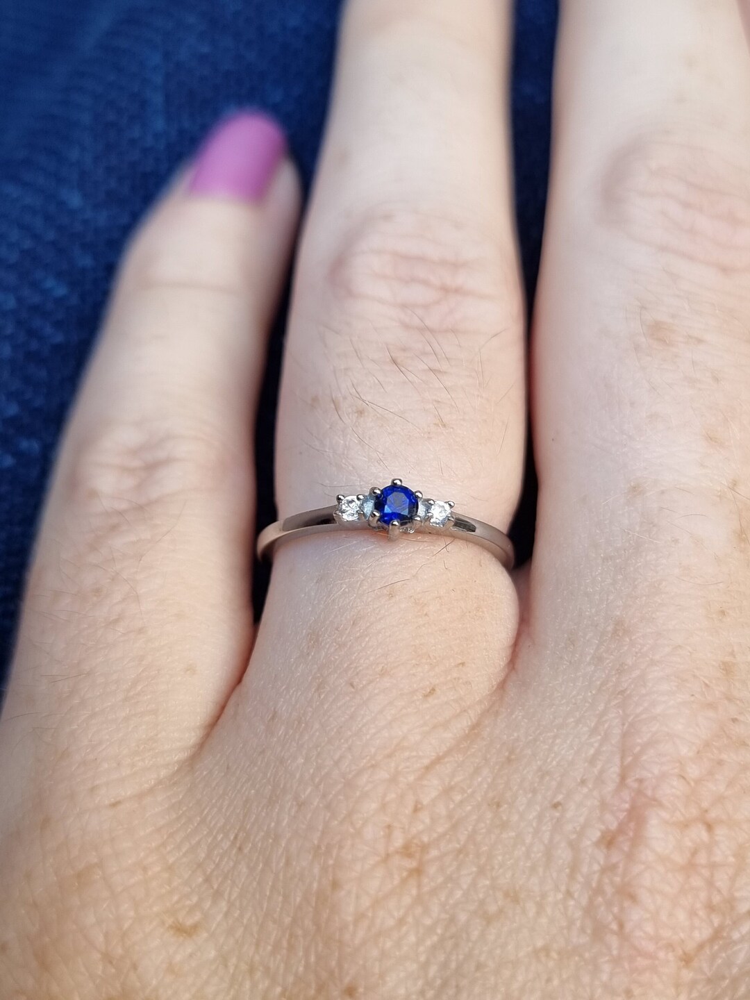 Natural Blue Sapphire and White Sapphire 3 Stone Trilogy Ring in