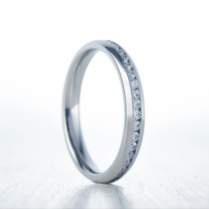 2.5mm Wide Full Eternity ring with Diamonds or White Sapphires in white gold or titanium Wedding Band Engagement ring image 4