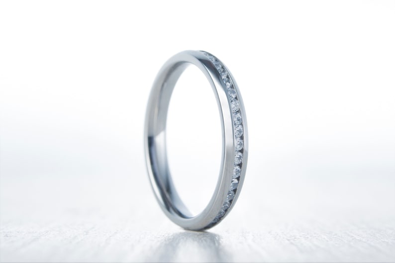 2.5mm Wide Full Eternity ring with Diamonds or White Sapphires in white gold or titanium Wedding Band Engagement ring image 4