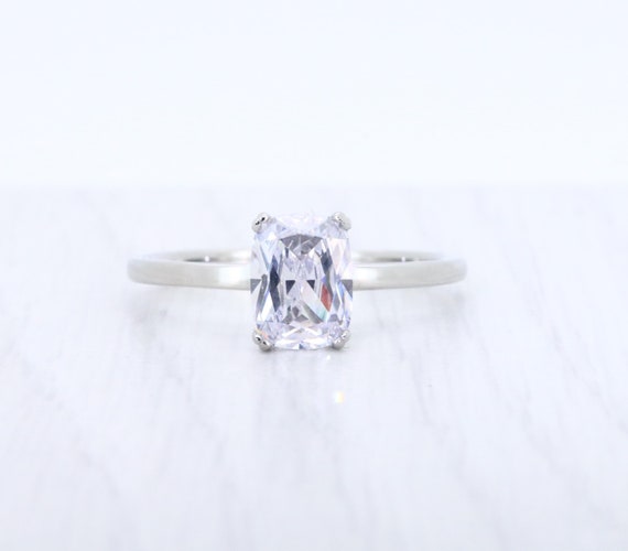 1ct Elongated Cushion Cut Solitaire cathedral ring Moissanite or simulated diamond in Titanium or White Gold