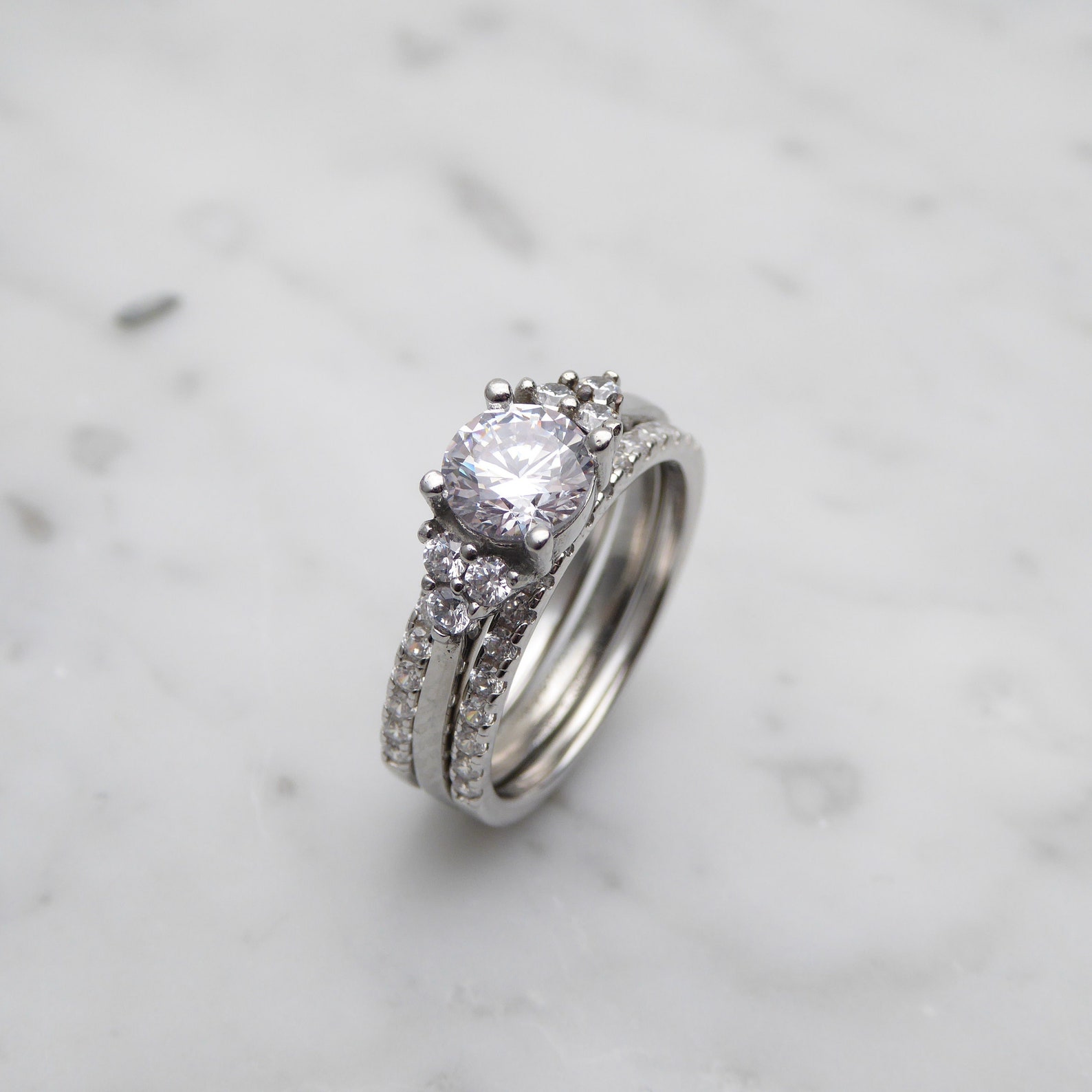 Wedding Set! Man Made White Sapphire Engagment Ring and Matching