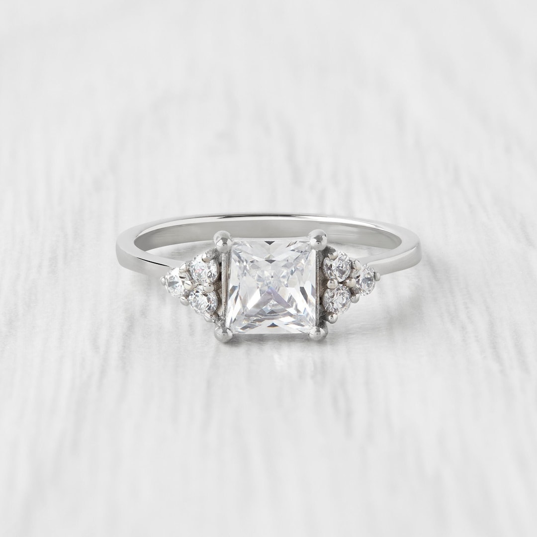 Princess Cut Man Made Diamond Simulant Ring Available in White Gold or ...
