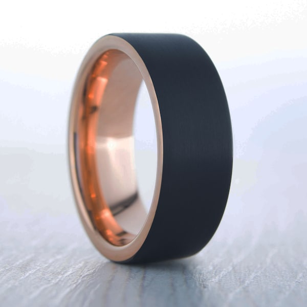 6mm Black Brushed titanium and 18k rose gold wedding ring band for men and women