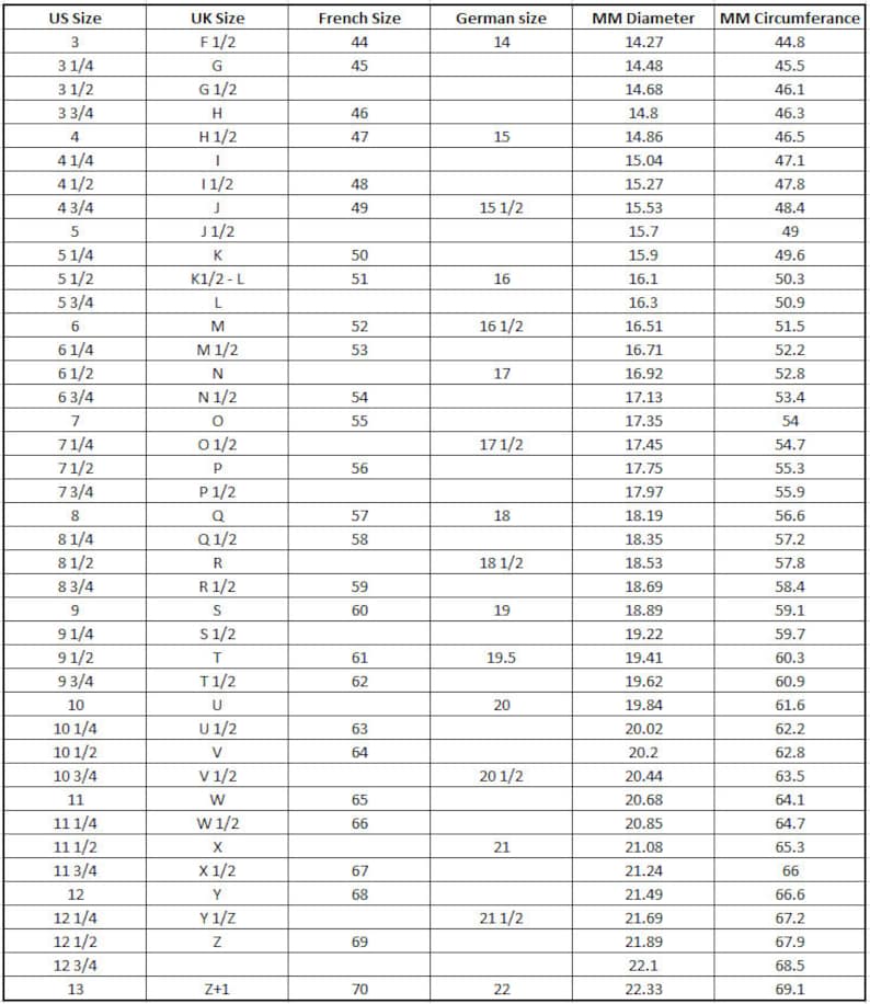 May include: A chart showing ring sizes in US, UK, French, and German sizes, along with the corresponding millimeter diameter and circumference. The chart includes sizes from 3 to 13.