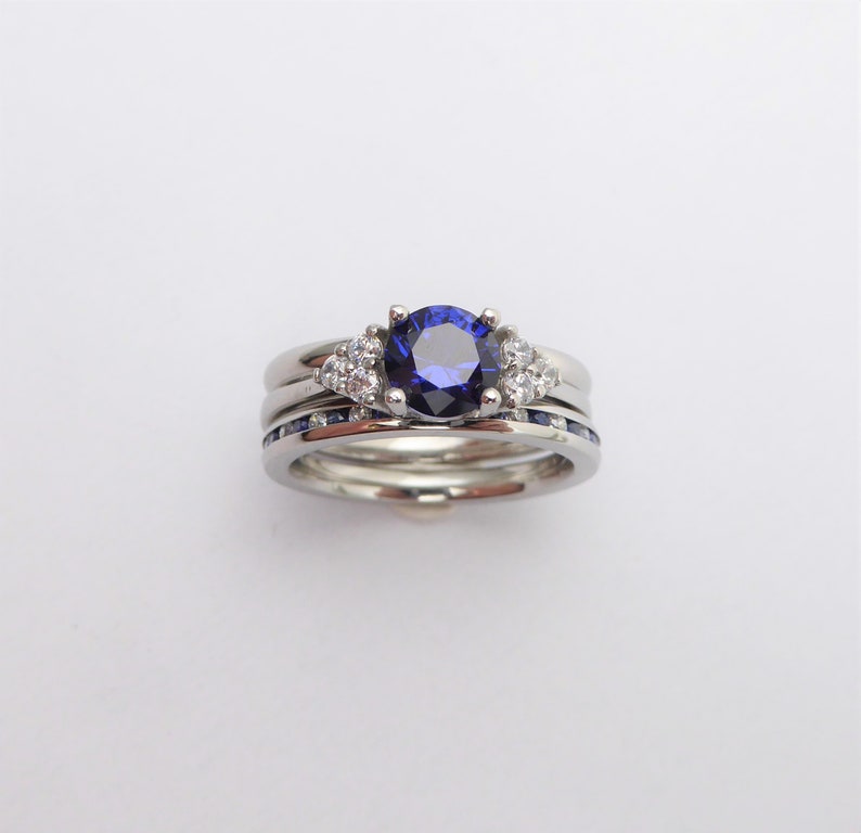 Wedding set Blue Saphire engagment ring and matching eternity & Wedding ring in Titanium or White Gold image 4