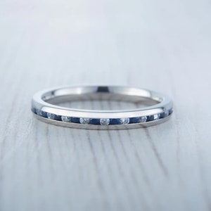 Wedding set Blue Saphire engagment ring and matching eternity & Wedding ring in Titanium or White Gold image 7