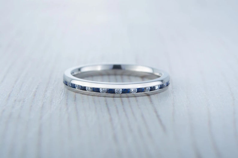 Wedding set Blue Saphire engagment ring and matching eternity & Wedding ring in Titanium or White Gold image 7