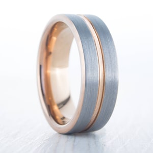 6mm Brushed titanium and 18k rose gold wedding ring band for men and women