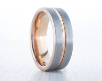 6mm Brushed titanium and 18k rose gold wedding ring band for men and women