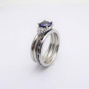 Wedding set Blue Saphire engagment ring and matching eternity & Wedding ring in Titanium or White Gold image 3