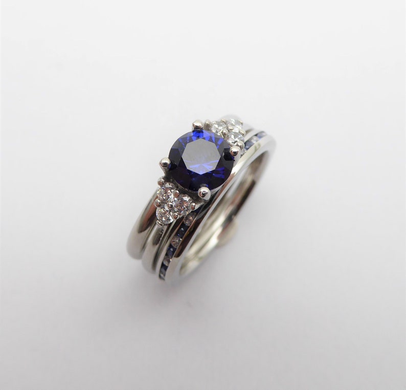 Wedding set Blue Saphire engagment ring and matching eternity & Wedding ring in Titanium or White Gold image 1