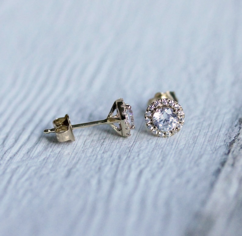 Solid Yellow Gold and Man Made Diamond Simulant Stud Earrings Etsy UK