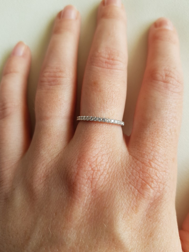 stacking ring wedding band handmade engagement ring 1.8mm wide Man Made Diamond Simulant Half Eternity ring in white gold or Silver