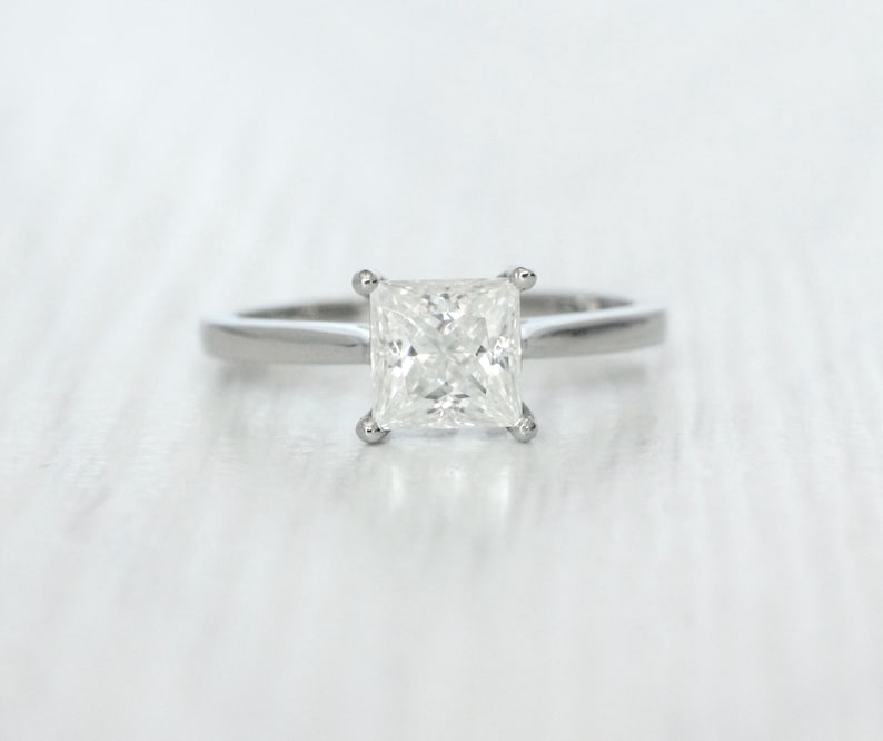 1ct Princess Cut Solitaire cathedral ring in Titanium or White Gold - Moissanite or Simulated diamond image 1