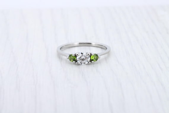 Genuine moissanite & Peridot 3 stone Trilogy Ring in White Gold or Titanium  - engagement ring - handmade ring