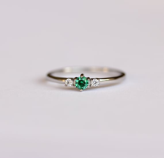 Natural Emerald and White Sapphire 3 Stone Trilogy Ring in - Etsy
