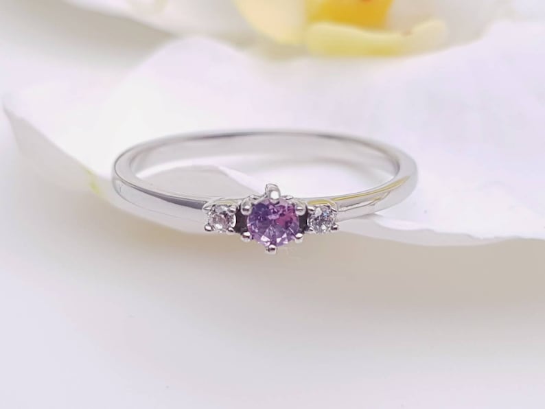 Alexandrite and White Sapphire 3 stone Trilogy Ring in White Gold or Titanium engagement ring handmade ring image 1