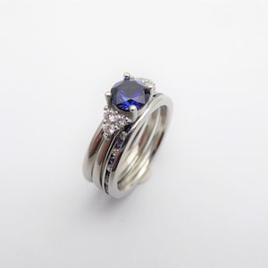 Wedding set Blue Saphire engagment ring and matching eternity & Wedding ring in Titanium or White Gold image 2