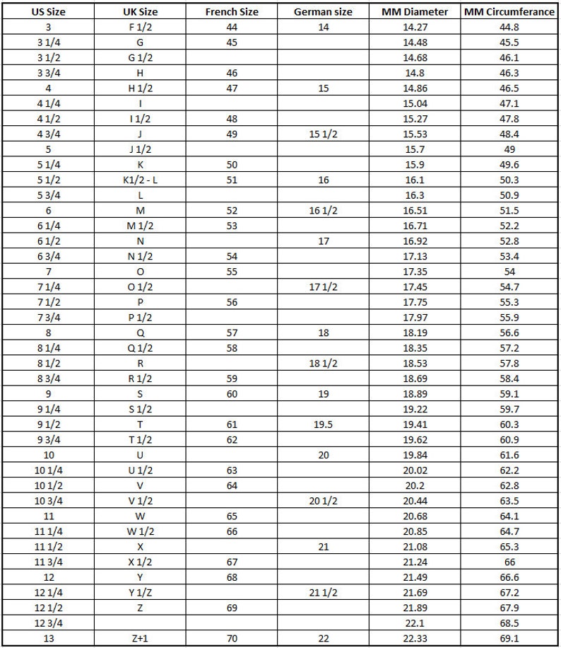 May include: A chart showing ring sizes in US, UK, French, and German sizes, along with the corresponding millimeter diameter and circumference. The chart includes sizes from 3 to 13.