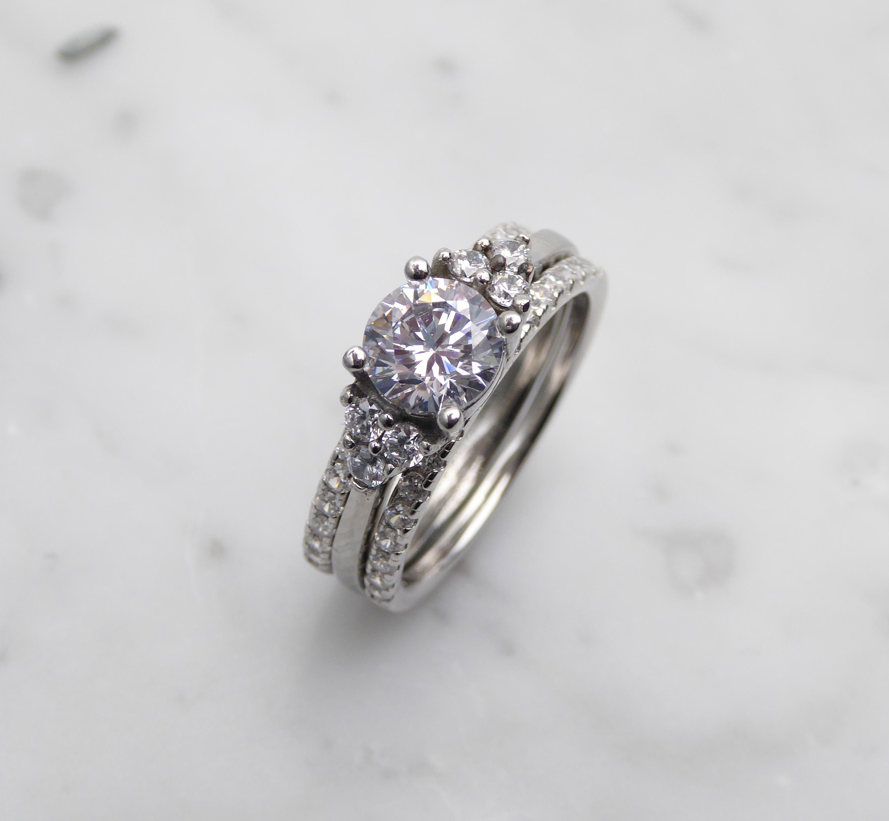 Wedding Set! Man Made White Sapphire Engagment Ring and Matching