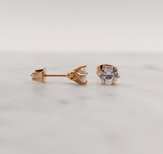 Man Made Diamond Simulant Stud Earrings in Rose Gold and Titanium
