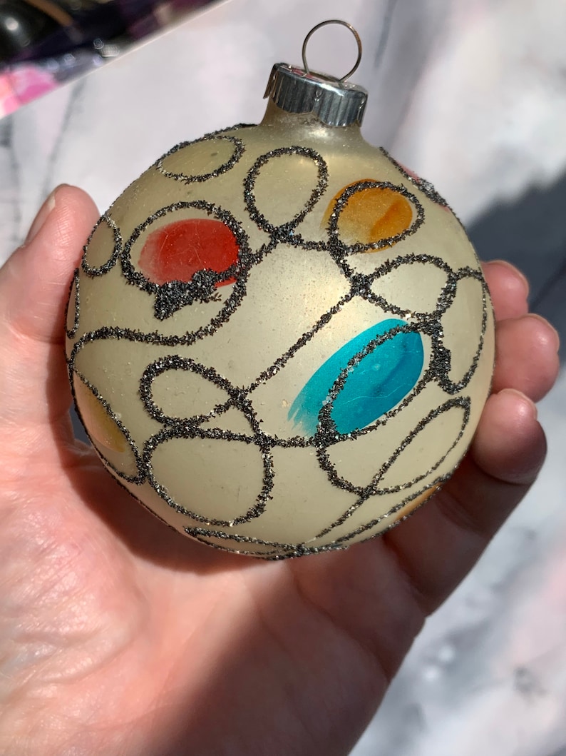 Vintage Shiny Brite Mercury Glass Moderne\u2019 Squiggle Stained Glass Mica 3 14\u201d