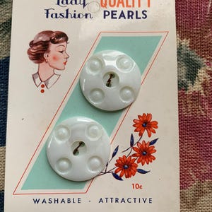 Lady Fashion Deco  MOP  Picture Card  Quality Pearls Unique Carved Buttons NOS 7/8” Count of 2 Shell Buttons