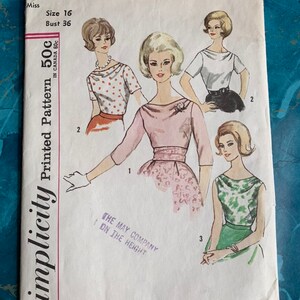 SIMPLICITY Vintage 50&#39;s-60&#39;s Blouse Pattern Sz 16 True Vintage # 4782
