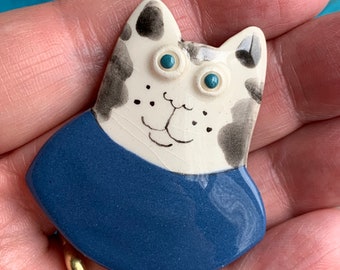 Ceramic Tuxedo Tabby Cat Pin Artisan Made