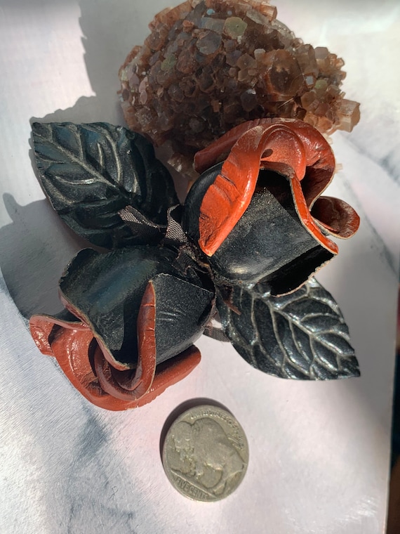 Vintage Leather Rose Bud Corsage Black and Cinnamo