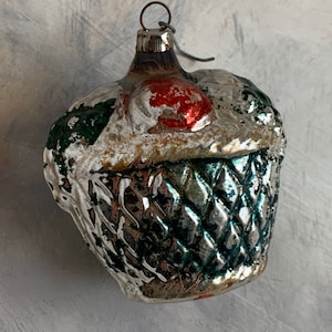 Vintage Basket of Fruit  Mercury Ornament Shabby Chic 2 3/4” x 2 3/4”