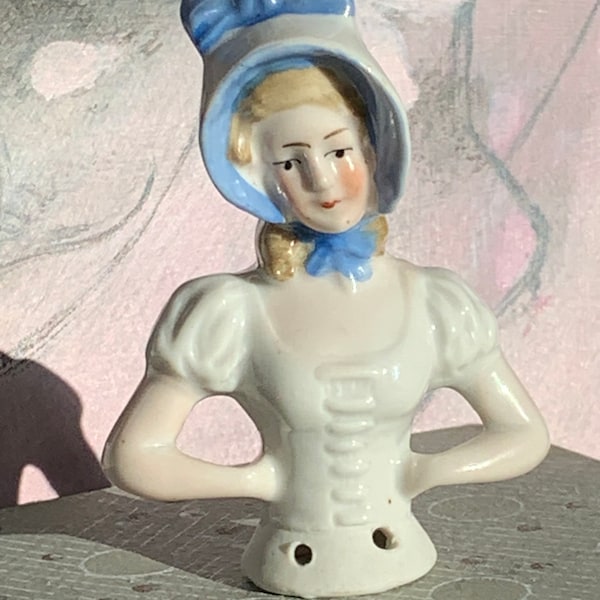 Antique GERMANY Half-Doll in Large Blue Bonnet Arms at Sides