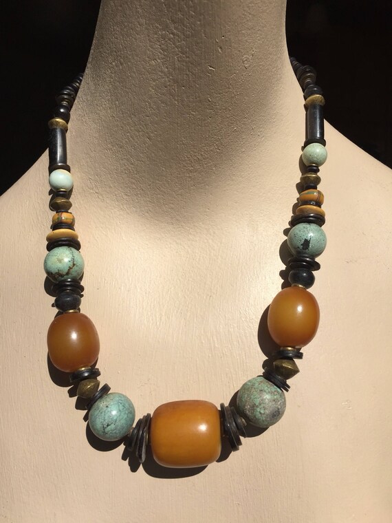 Vint 80's Elegant Boho Tribal Turquoise Copal Amb… - image 3