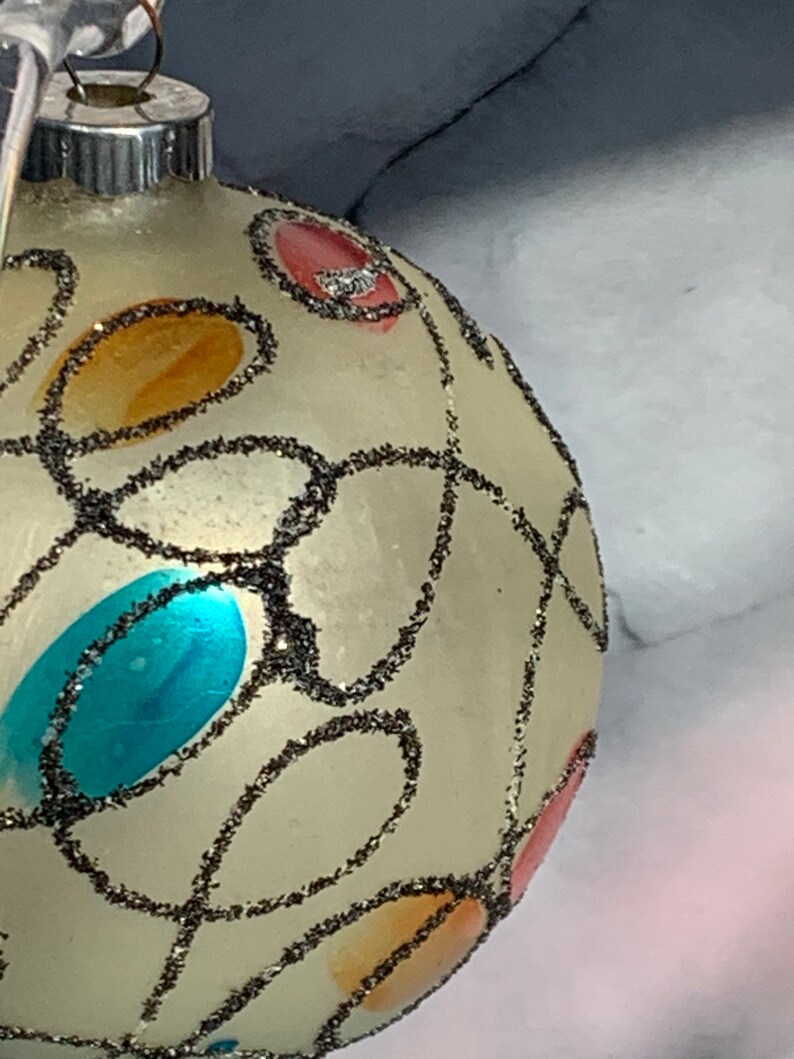 Vintage Shiny Brite Mercury Glass Moderne\u2019 Squiggle Stained Glass Mica 3 14\u201d