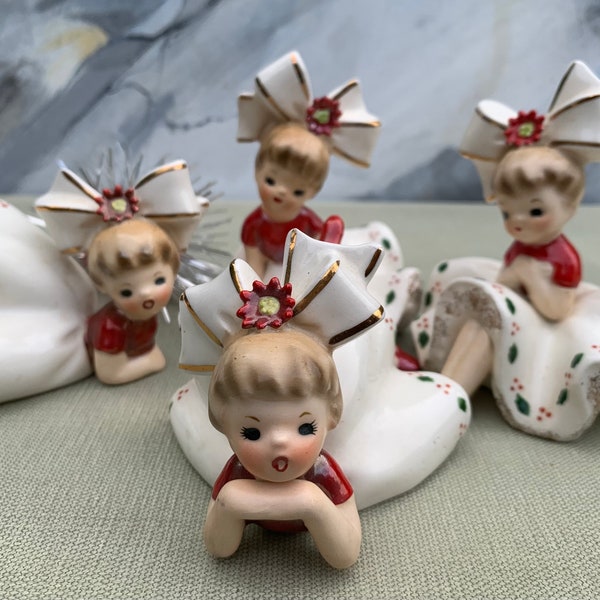 Rare 4 pc. Lot 1963 INARCO Christmas Girl Figurines Bow Bloomers Poinsettia… in GREAT Condition ~ TMB ~
