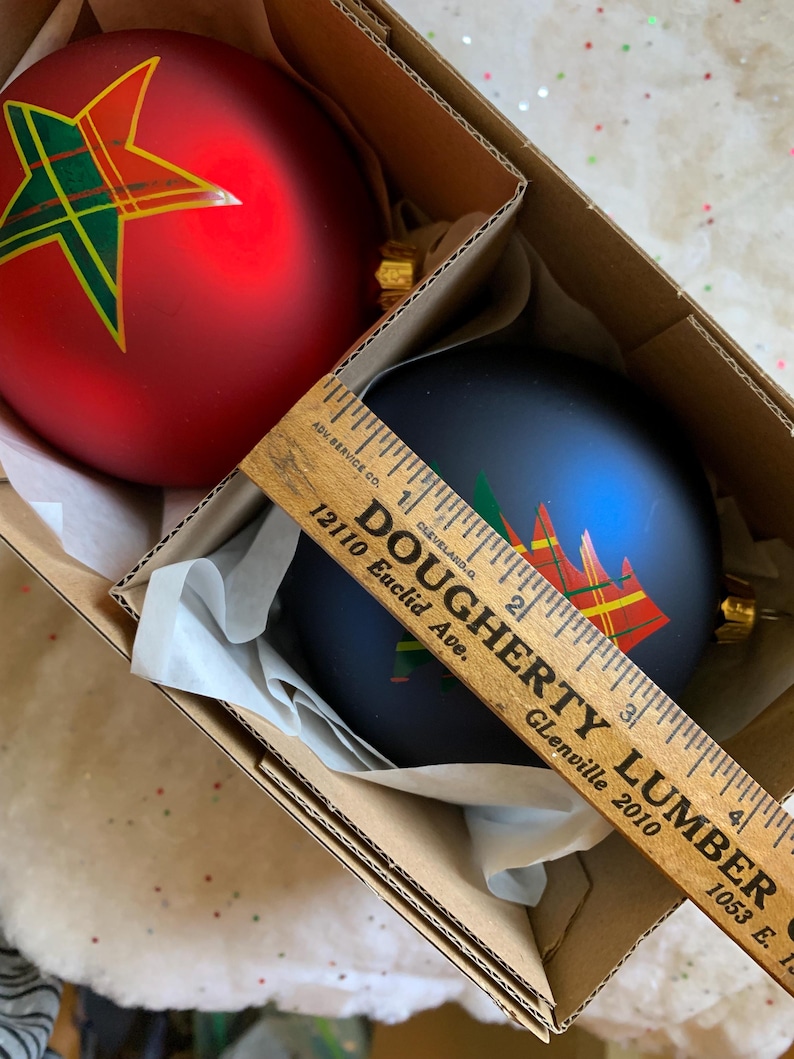 Ornament Lot VITBIS Large Pair Red & Midnight Blue Mercury Glass Tartan ...