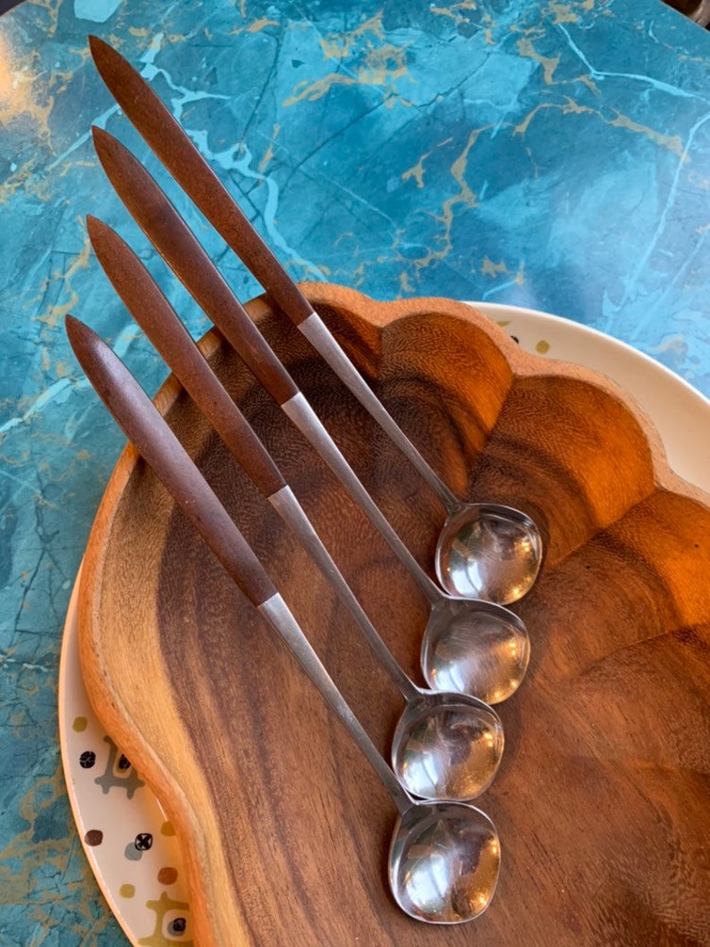 MCM EKCO Eterna Canoe Ice Cream Sunday Ice Tea Spoons ~ Unique Shape HTF Lot