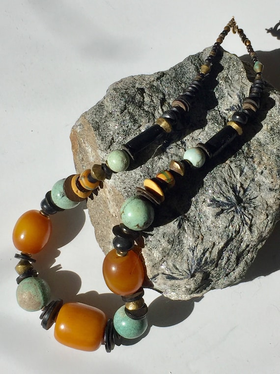 Vint 80's Elegant Boho Tribal Turquoise Copal Amb… - image 1